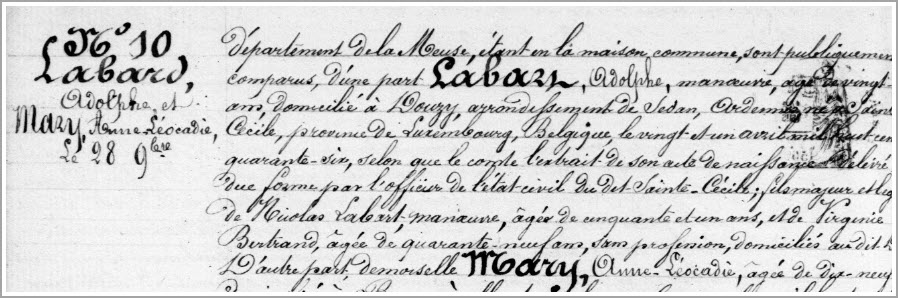 Acte de mariage de Adolphe LABARD et Anne Léocadie MARY