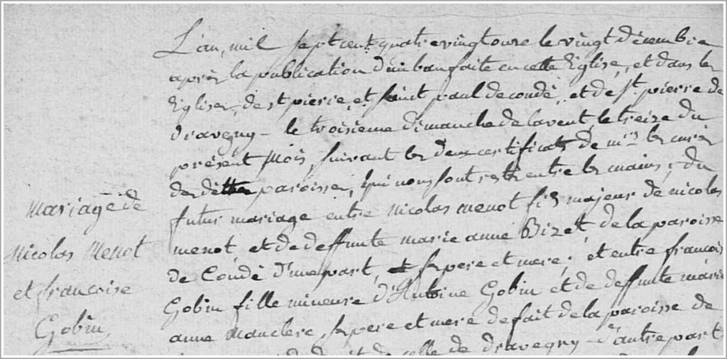 Acte de mariage de Nicolas MENOT et Françoise GOBIN, le 20 décembre 1791